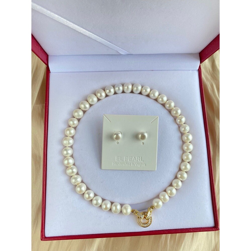 Handknotted 11mm fresh water pearl necklace & earring sets
